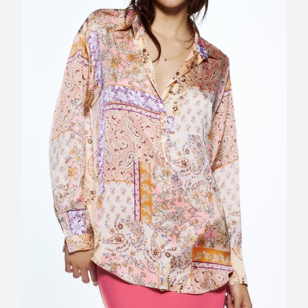 Zara Pink Yellow Floral Patchwork Button-Up Blouse - Picture 2 of 7